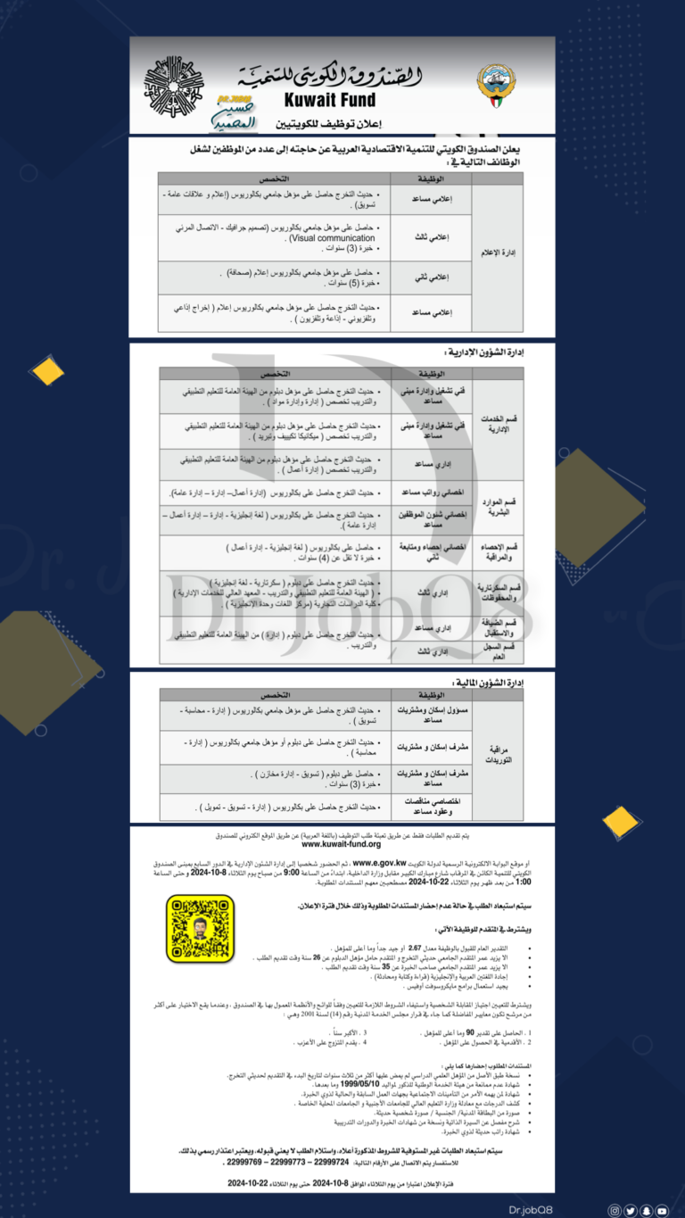 اعلان توظيف الصندوق الكويتي للتنمية العربية للكويتيين 2024 اكتوبر