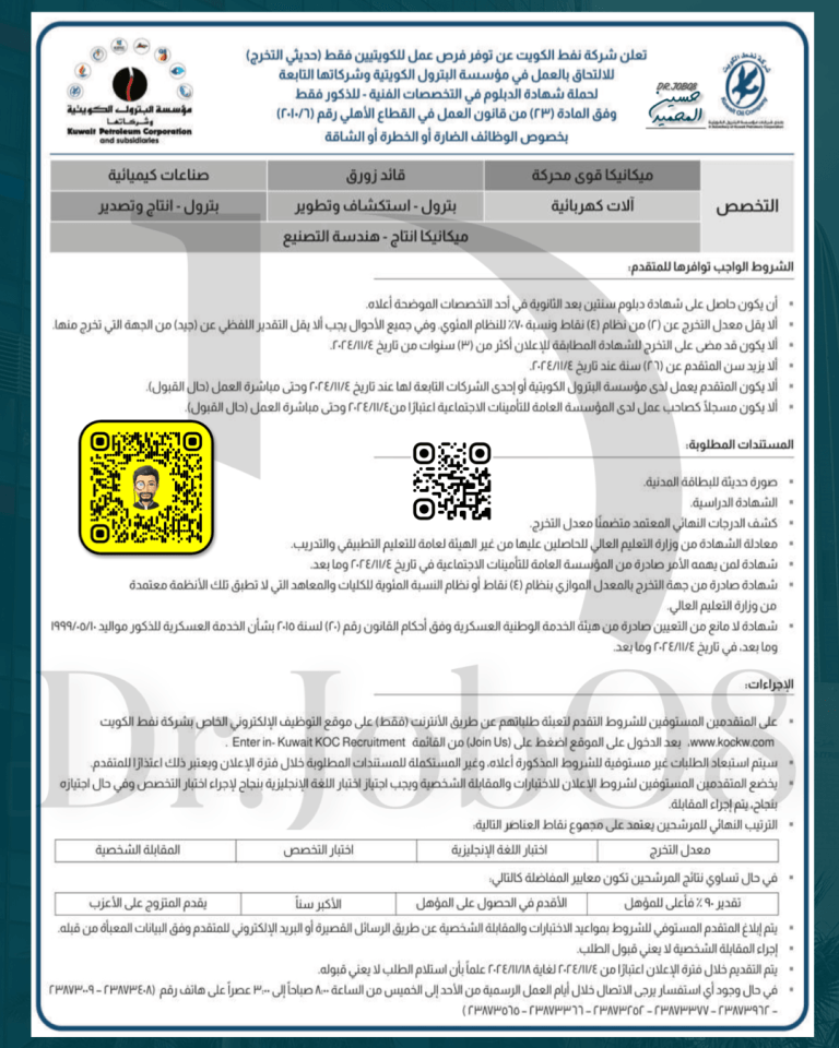 اعلان توظيف شركة نفط الكويت الدبلوم التطبيقي