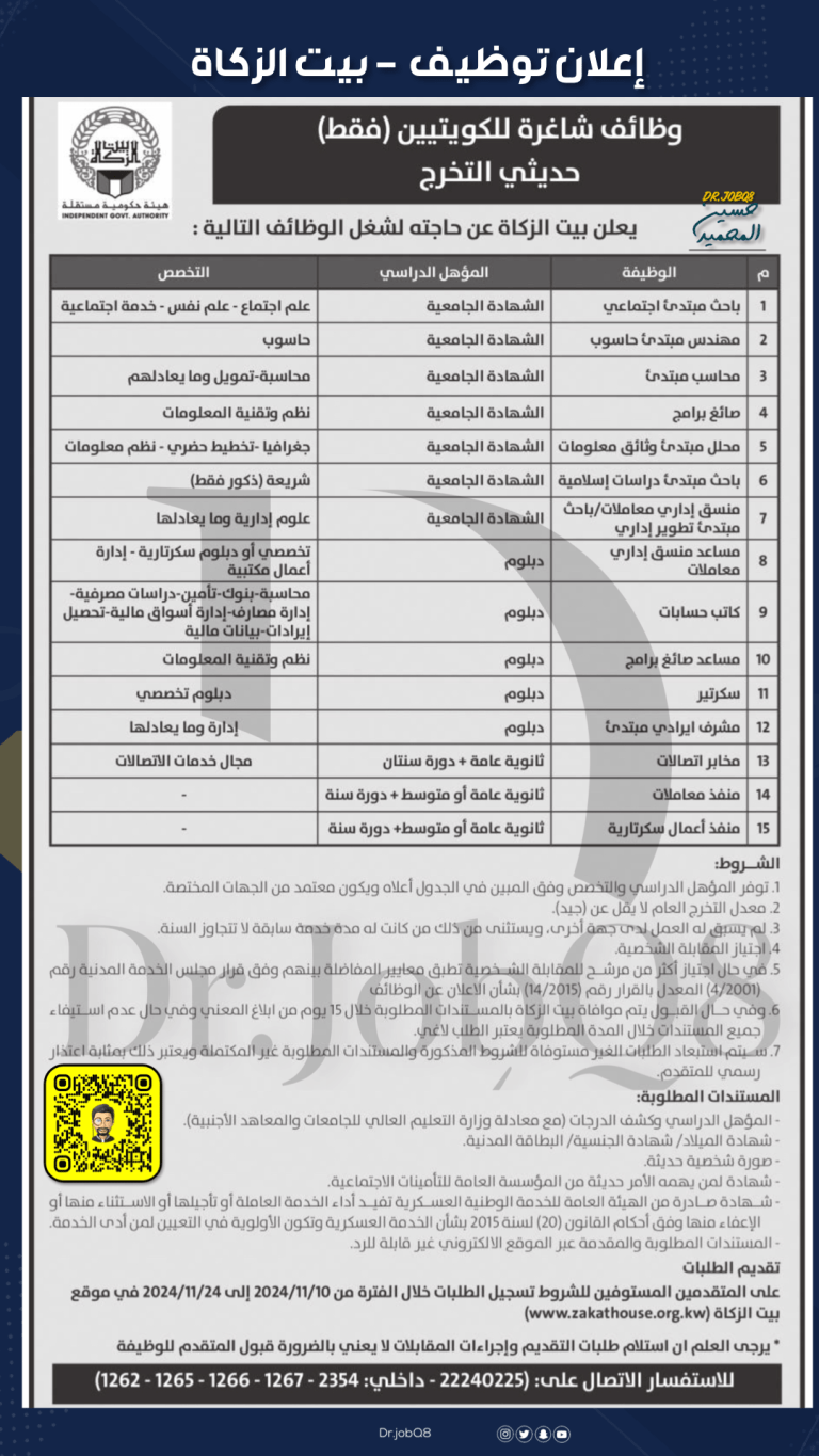 اعلان توظيف بيت الزكاة الكويت