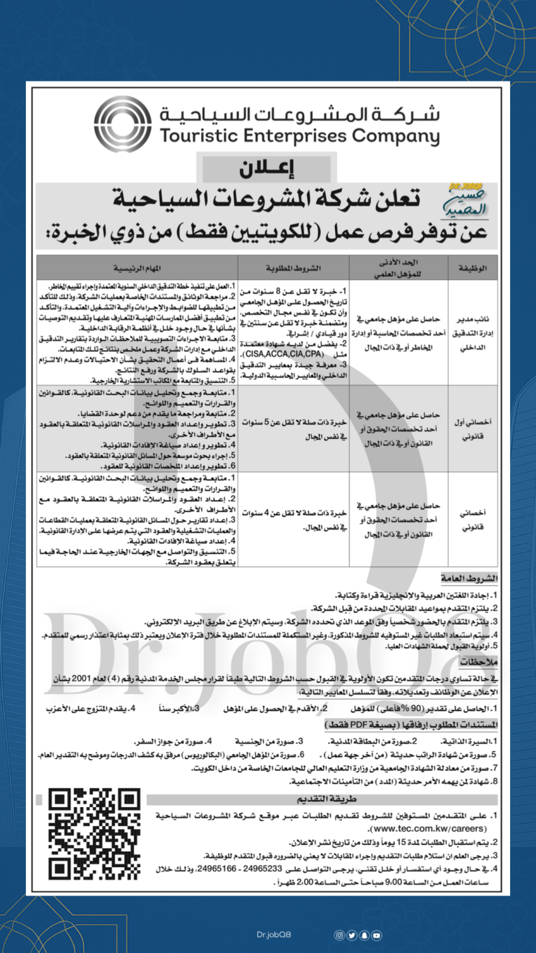 إعلان توظيف شركة المشروعات السياحية في دولة الكويت لسنة 2025 في شهر أبريل