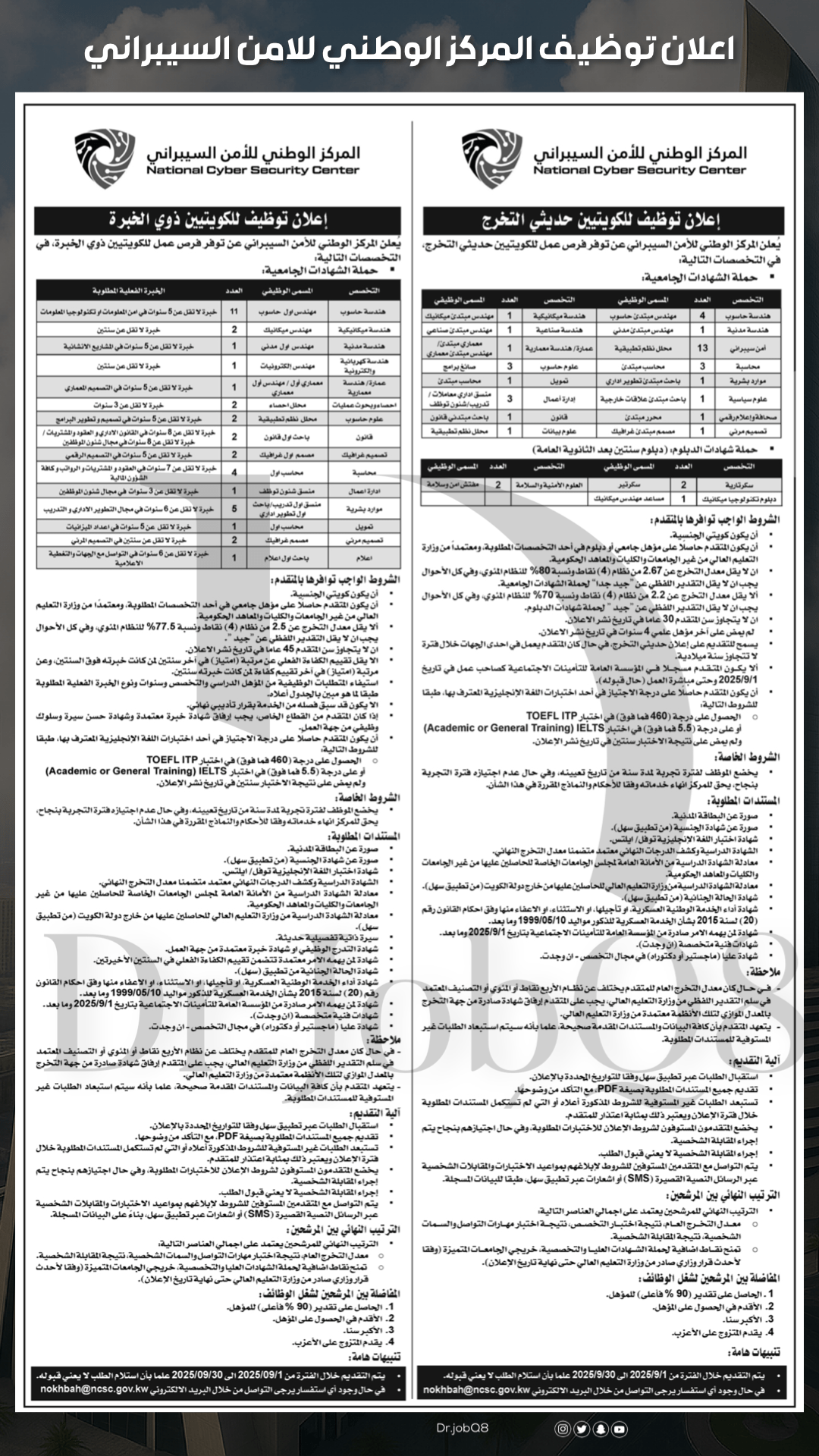 يعلن المركز الوطني للامن السيبراني عن فتح باب التوظيف لحديثي التخرج وذوي الخبرة التقديم من خلال تطبيق سهل